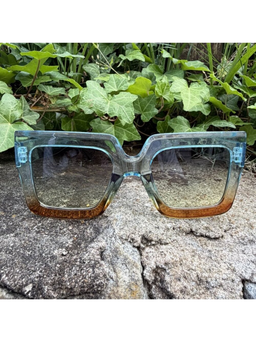 Oversized Square Gradient Sunglasses Blue Amber Ombre Retro Festival Sunnies - Picture 6 of 16